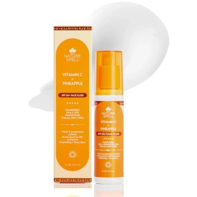 Image of Nature Spell Vitamin C SPF 50 Face Fluid Sunscreen 75ml, UVA &amp; UVB Protection Suitable for All Skin Types 50+ Moisturiser, Water Resistant, No White Cast, Made in the UK