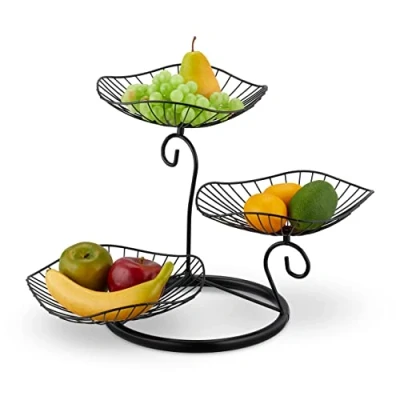 Image of Relaxdays Fruit Etagere, 3 Tiers, Metal, HWD: 31x49x31.5cm, Decorative Round Bowl, also for Vegetables &amp; Biscuits, Black, Iron, 34x49x31.5cm