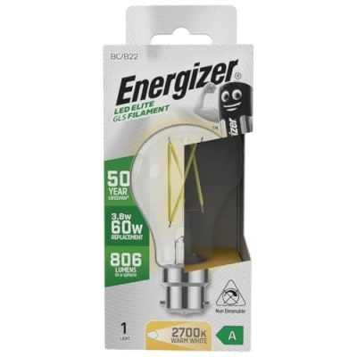 Image of Energizer A Rated LED Elite GLS B22 Filament 806lm 3.8W 2700K Warm White Light Bulb