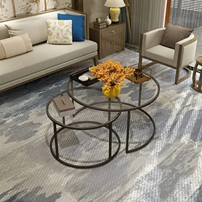 Image of [en.casa] Coffee Table Set Kokkola Side Living Room Sofa Round Clear Glass 4 mm/Black