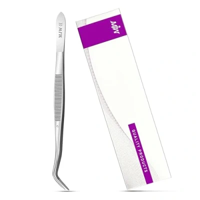 Image of MJW Stainless Steel Curved Tweezer 6.5 in Long Ideal Sewing Machine for Overlock, Serrated Bent Tip Precision Crafting and Cooking