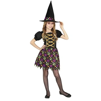 Image of FIESTAS GUIRCA Modern Witch Fancy Dress Costume with cute Halloween Print and Hat for Girls 5 6 Years