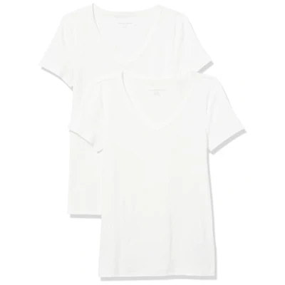 Image of Amazon Essentials Women&#039;s Slim Fit Short Sleeve V Neck T Shirt, Pack of 2, White, XXL