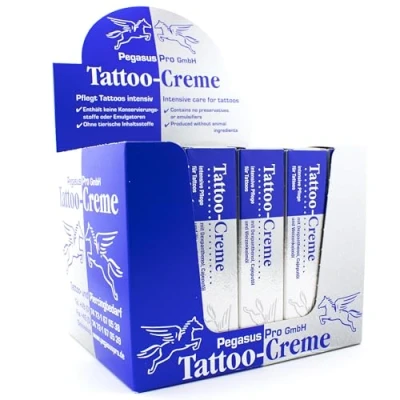 Image of Pegasus Pro Tattoo Cream, Set of 25 in Counter Display, g Each, Care &amp; Aftercare for Intensive Protection, Moisturising with Cajeput Oil, Wheat Germ Oil and Dexpanthenol, Made Germany