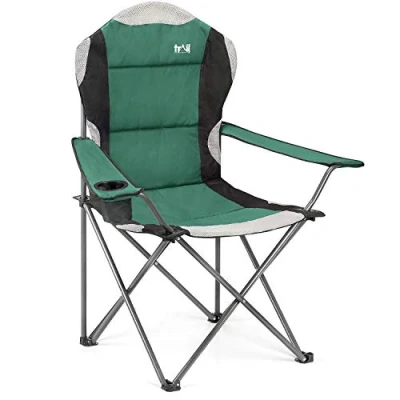 Image of Trail High Back Folding Camping Chair, Luxury Padded Seat, Heavy Duty Tubular Steel, Cup Holder Armrest, Lightweight Portable, Outdoor Garden, Carry Bag