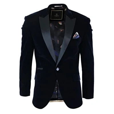 Image of Mens Soft Velvet Black Navy 1 Button Dinner Jacket Tuxedo Blazer Smart Casual Fit