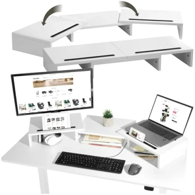 Image of TecTake® Dual Monitor Stand for Desk, Ergonomic PC &amp; Laptop with Extendable Side Panels, Durable Stable Riser Extra Storage Space, Incl. 2 Smartphone Tablet Holders White