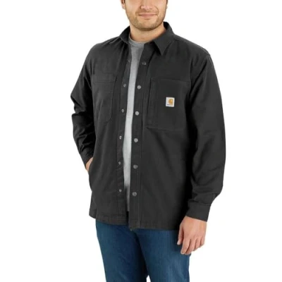 Image of Carhartt Men&#039;s Rugged Flex Relaxed Fit Canvas Fleece lined Snap front Shirt Jac, Black, XXL