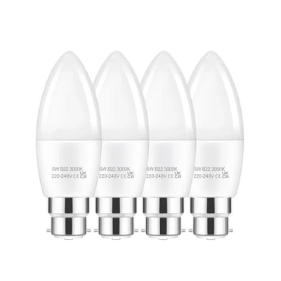 Image of EvaStary B22 Bayonet Candle Bulb, 5W Light Bulbs 40W Equivalent, Warm White 3000K C37 LED Cap, Non Dimmable, Pack of 4