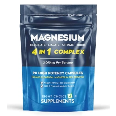 Image of Magnesium Glycinate 4 in 1 Complex 2000mg Bisglycinate, Malate, Citrate &amp; Oxide Supplements 90 High Potency Vegan Capsules Providing 506 Elemental Per Serving UK Made