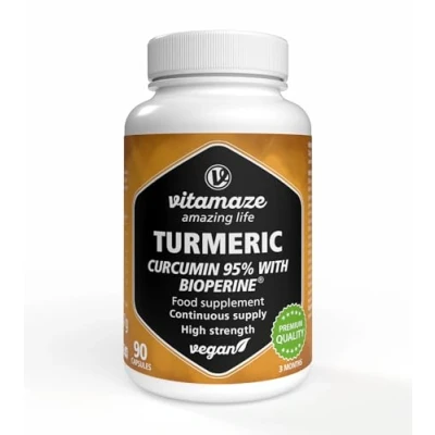 Image of turmeric 10,000 mg high dose in 1 capsule with Piperine + Curcumin, 90 capsules of bioactive extract for 3 months, Food supplement without additives, Made Germany