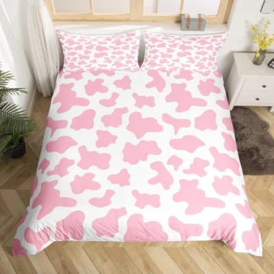 Image of Homewish Kid Cartoon Bedding Set Pink Cow Print Duvet Cover King,Milk Animal Cowhide Comforter Farm Animals Quilt for Toddler Teen Boys Girls Farmhouse Bull Cattle Kawaii Room Decor
