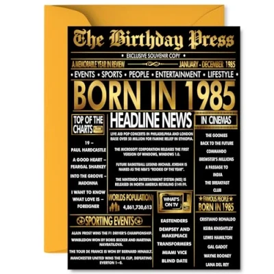 Image of Gold 40th Birthday Card for Men Women Black &amp; Golden Newspaper Born in 1985 Happy 40 Cards Brother Husband Auntie Wife Nephew Dad, A5 Bday Greeting