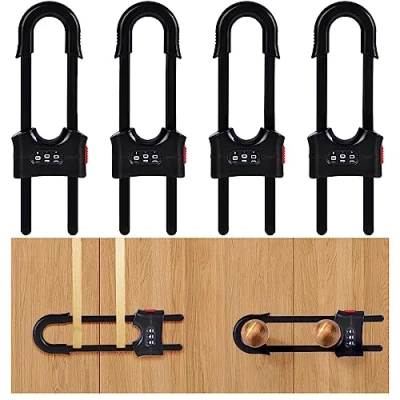 Image of 4PCS Child Safety Cabinet Code U Shaped Locks, Sliding Cupboard Door Lock Adjustable Baby Drawer Locks (Black)