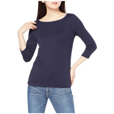 Image of Amazon Essentials Women&#039;s Slim Fit 3/4 Sleeve Solid Boat Neck T Shirt, Navy, L
