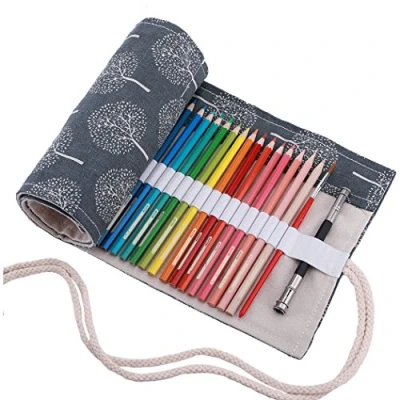 Image of Amoyie Hand Roll Up Pen Bag Canvas Organiser for 72 Coloring Pencil Artist Carrier Wrap Kid Adult