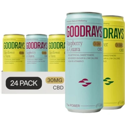 Image of Goodrays 30mg CBD Drink Mixed Pack 24 x 250ml Cans Natural Flavours, Low Calorie, Vegan Elderflower &amp; Yuzu, Raspberry Guava High Strength, All Reduce Stress Unwind