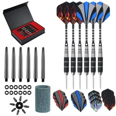 Image of HRLORK Professional Darts Set Steel Tip Dart Flights Black Aluminum Shafts 6 Packs