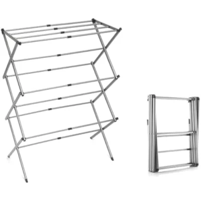 Image of Bazzaree Prima 3 Tier Extendable Telescopic Compact Foldable Airer with 5M Line, Metal Clothes Efficient, Space Saving Grey Laundry Drying Rack