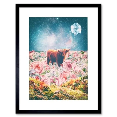 Image of Wee Blue Coo Scottish Highland Hairy Trippy Psychedelic Landscape Space Framed Art Print