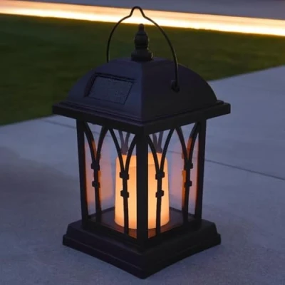 Image of Festive Lights Solar Candle Realistic Flickering Effect LED Lantern Outdoor Hanging Hook Garden Lighting, Patio Table Decking Lawn IP44 Waterproof Amber Decoration Black (27cm)