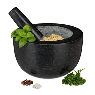 Image of Relaxdays 10029960 Pestle, Spices, Herbs, Polished Stone Mortar, Ø 20 cm, 750 ml Volume, Granite, Dark Grey