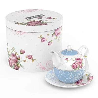 Image of London Boutique Tea for One Teapot Cup Saucer Set Gifts Women 1 New Bone China Vintage Flora Gift Her 350m (Blue)