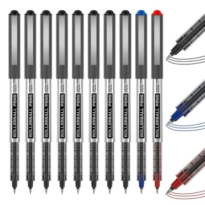 Image of Shuttle Art Rollerball Pens, 10 Pack (8 Black, 1 Blue, Red) 0.5mm Liquid Ink Quick Drying &amp; Long Lasting Extra Fine Point Pens for Writing, Journaling, Notes Taking School Office Supplies