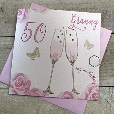 Image of Happy 50th Birthday Card Granny Champagne Glasses Pink Roses by White Cotton Cards SS42 GNY50