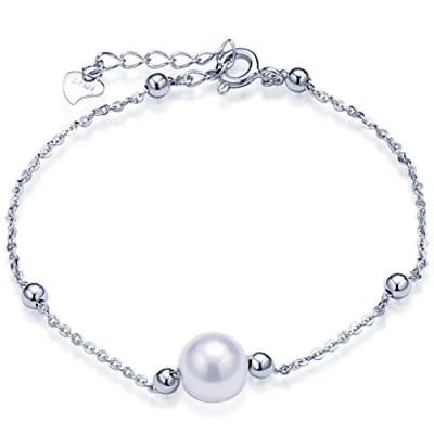 Image of Infinite U Simple Womens Link Charm Bracelet 925 Sterling Silver 8mm Pearl Beads Adjustable Chain with Extension,