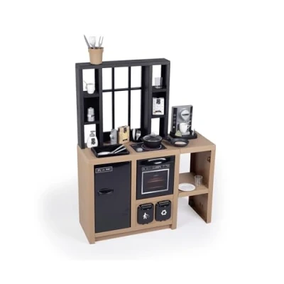Image of SMOBY Kitchen Loft Urban Style Includes 32 Accessories, Stylish Shelving, Play Crockery and Cutlery. Ideal Educational Interactive Gift for a Little Chef