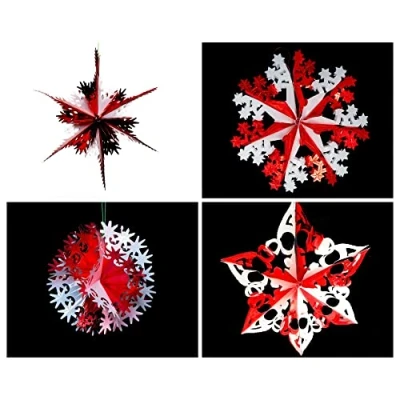 Image of Set of 4 40cm Christmas Foil Ceiling Garland Hanging Xmas Decoration, Long Star, Snowflake, Star Ball &amp; (White Red)