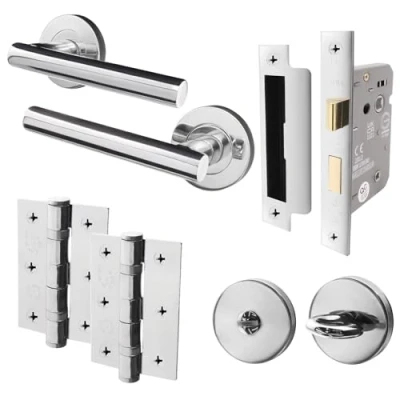 Image of EAI Bathroom Door Handle Set Polished Chrome Round T Bar Internal Handles, Thumb Turn &amp; Release Set, Lock Hinges (76mm) Silver Oliena Range
