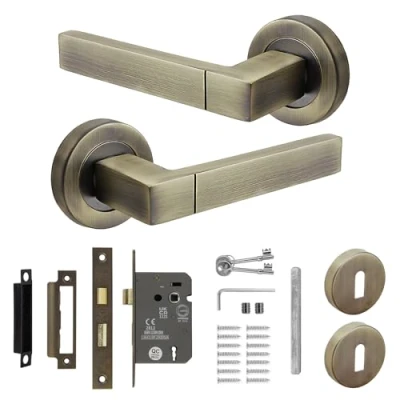 Image of Decoranddecor Lumina Internal Square Door Handles Lever On 54mm Rose Aluminium Antique Brass Sash Lock Kit