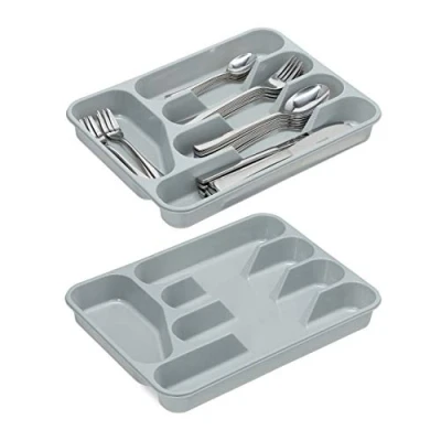 Image of Relaxdays Cutlery Tray 5 Compartments, Pack of 2, Flatware Organiser, Drawer Insert, Plastic, HxWxD 4 x 25 33 cm, Grey