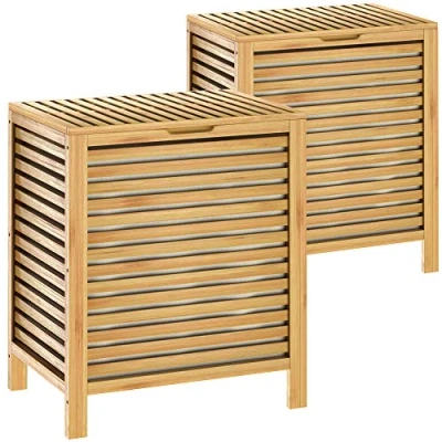 Image of CASARIA® Set of 2 Laundry Washing Baskets Bamboo Bins 124 Litres Natural Containers Wooden Organisers Bathroom Storage Stylish and Spacious Solutions for Tidy