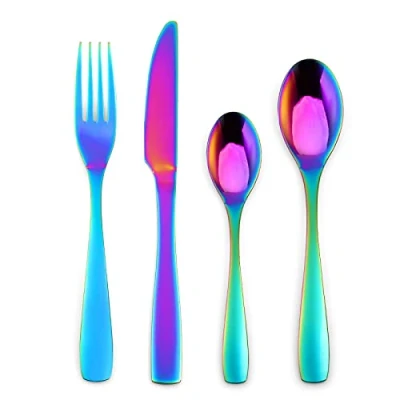 Image of HOLIHIGH 24 Pieces Rainbow Stainless Steel Cutlery Set for 6 People, Colorful Flatware Tableware Set, Silverware with Spoon Knife and Fork Easy Clean, Dishwasher Safe, Mirror Finish
