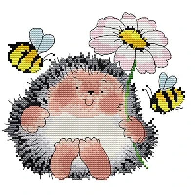 Image of Awesocrafts Cross Stitch Stamped Kits Hedgehog and Bee Easy Patterns Stitching Embroidery Needlework Kit Supplies