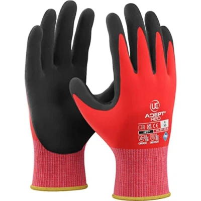 Image of 10 x UCI Adept RED Nylon &amp; Lycra Blend Liner Nitrile NFT Foam Coating Gloves (10/XL)