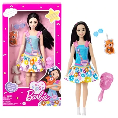 Image of Barbie Doll for Preschoolers, My First Renee doll, 13.5 Inch Black Hair, Kids Toys and Gifts, Plush Squirrel, Accessories, Soft Poseable Body, from 3 Years, HLL22