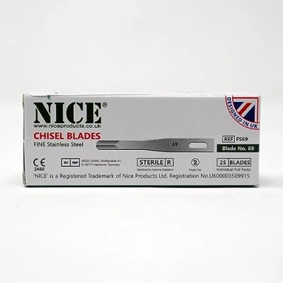 Image of 25 x NICE FINE 69 Sterile Stainless Steel Chisel Blades FS69 for Plastic &amp; Reconstructive Surgery
