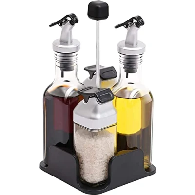 Image of Vinegar, Oil, Salt and Pepper Dispenser Set Vinegar Cruet Glass Bottle, Stainless Steel 5 Pieces Style A