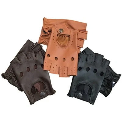 Image of Mens Soft Leather Half Finger Driving Gloves Motorbike Bus Driver less 313 (Tan, M)