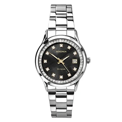 Image of Sekonda Catherine Ladies 27mm Quartz Watch in Black with Analogue Display, and Silver Stainless Steel Bracelet 40520