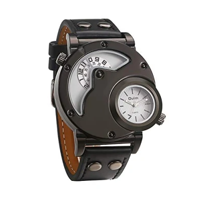 Image of JewelryWe Mens Dual Quartz Movt Military Wrist Watch Sport Watches Round Shaped Leather Band White Dial
