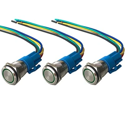Image of QitinDasen 3Pcs Premium 19mm Momentary Push Button Switch, 12V / 24V 5A Car Ignition Starter Green LED Light IP67 Waterproof Metal Switch with Socket Plug Wire