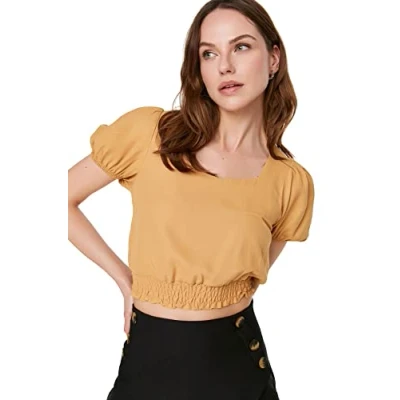 Image of Trendyol Women Fitted Basic Square Collar Woven Blouse Beige