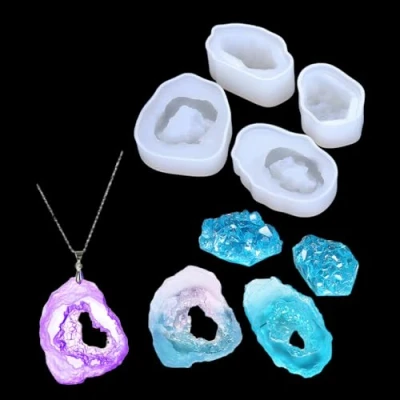 Image of FineInno 4PCS Resin Molds,Quartz Rock Cluster Crystal Mold Gem Silicone DIY Jewelry Making Necklace Pendant Mould Soft Epoxy Casting (Gemstone Molds)