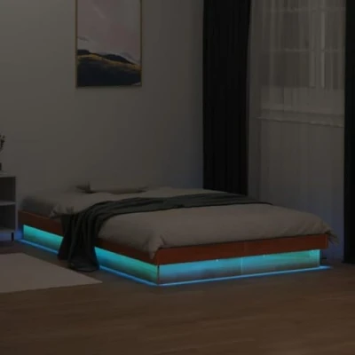 Image of vidaXL Solid Pine Wood Bed Frame with RGB LED 135x190 cm Wax Brown Finish Sturdy Plywood Slats Modern Bedroom Double