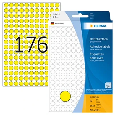 Image of HERMA Dot Stickers Yellow, 5632 Labels, Ø 8 mm, 176 Labels per Sheet, Self Adhesive Round Colour Stickers, Blank Marking Dots, Sticky Circle for Color Coding Calendar